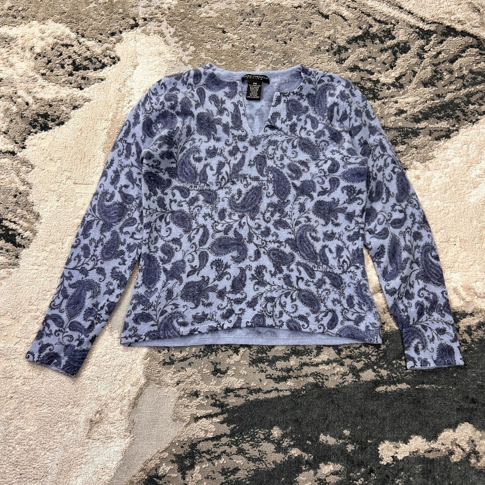 Sarah Spencer Sweater Womens Petite Medium‎ Blue Lambs Wool Blend Paisley Print